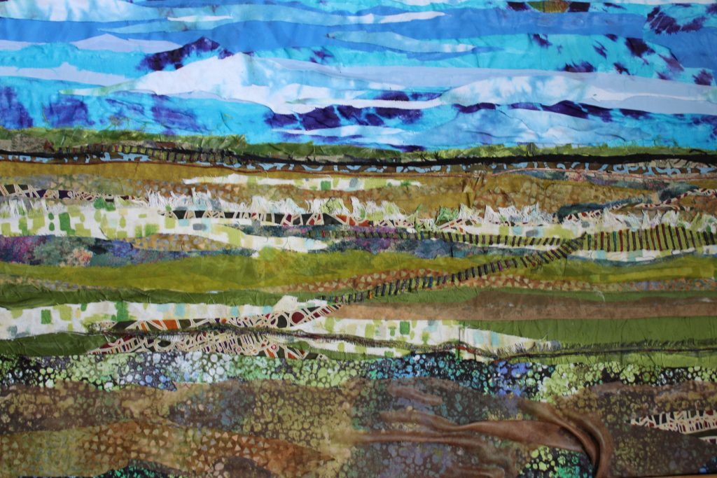 Fabric painting by artist Pam Collins titled &quot;Green Prairies&quot;