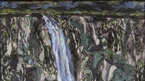 Fabric painting showing a waterfall by artist Pam Collins titled "Over the Edge"