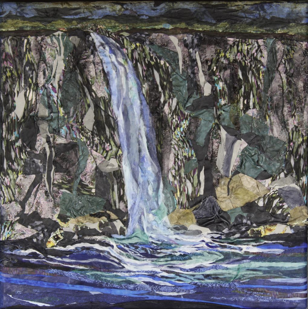 Fabric painting showing a waterfall by artist Pam Collins titled &quot;Over the Edge&quot;