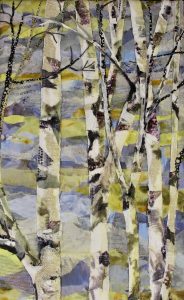 A close up of the fabric art New Home Birches by Pam Collins