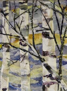 A close up of the fabric art New Home Birches by Pam Collins