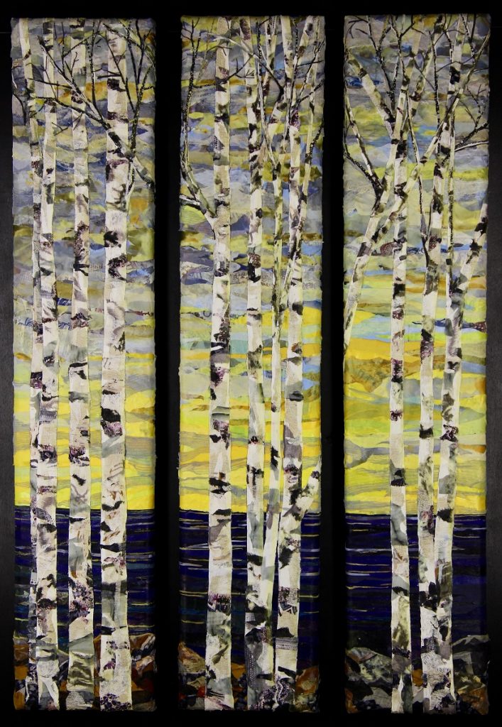 Tryptic fabric art piece by Pam Collins titled New Home Birches