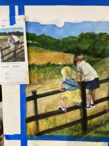 Watercolor pictures of two children looking over a fence