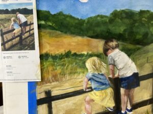 Watercolor pictures of two children looking over a fence