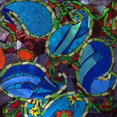 Glass mosaic by Pam Collins titled "Blue Paisley"